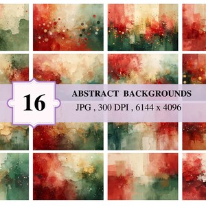 May include: A collection of 16 abstract digital backgrounds featuring blended watercolour textures in shades of red, green, and cream. The image includes the text 16 ABSTRACT BACKGROUNDS JPG, 300 DPI, 6144 x 4096, presented in a grid layout.