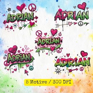 Può includere: Cinque disegni in stile graffiti con il nome "ADRIAN" in rosa e verde vivaci, accentuati da cuori, frecce e simboli di pace. I disegni sono ambientati su uno sfondo acquerellato colorato, con il testo "5 Motive / 300 DPI" in basso.
