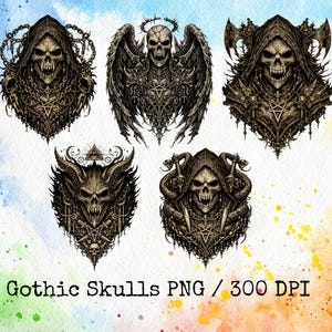 Könnte beinhalten: Eine Sammlung von fünf detaillierten dunkelbraunen und schwarzen Illustrationen mit Totenköpfen, Kapuzenfiguren, Flügeln und Pentagrammen. Der Text Gothic Skulls PNG / 300 DPI steht unten auf einem bunten Aquarellhintergrund.