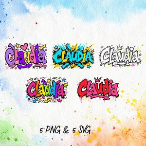 May include: Five distinct digital graphic designs featuring the name Claudia in graffiti-style lettering. The designs include various color palettes such as purple, blue, black, and red, accented with stars, hearts, crowns, and arrows on a white background.