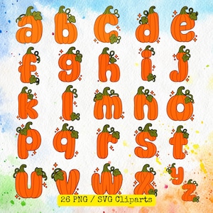 Könnte beinhalten: Ein digitales Alphabet-Set mit Kleinbuchstaben von a bis z, die jeweils wie ein orangefarbener Kürbis mit grünen Stielen und Blättern geformt sind. Die Buchstaben sind mit kleinen, vierzackigen Sternen verziert. Der Text 26 PNG / SVG Cliparts ist sichtbar.
