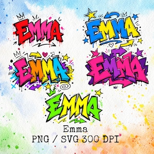 May include: Five distinct digital graphic designs featuring the name EMMA in bold graffiti-style lettering. Each version uses different color combinations including red, blue, yellow, pink, purple, and green, accented with stars, arrows, and crowns.