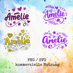 Puede incluir: Cuatro diseños gráficos digitales que presentan el nombre Amelie en varias fuentes moradas y amarillas, decorados con corazones, estrellas y adornos florales. El texto PNG / SVG kommerzielle Nutzung aparece en la parte inferior.