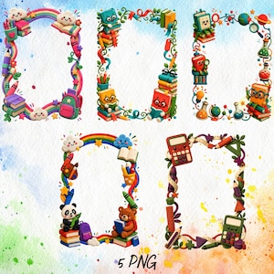 Könnte beinhalten: Fünf rechteckige Rahmen, verziert mit Illustrationen zum Thema Schule, darunter Bücher, Stifte, Taschenrechner, Globen, Regenbögen, Wolken und Tiere wie ein Panda und ein Bär. Die Designs zeichnen sich durch leuchtende Farben aus.