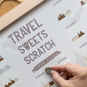 Poster à gratter Bonbons de voyage, art mural européen à gratter, affiche à gratter Wanderlust Bucketlist, cadeaux pour les amateurs de voyage - personnalisés