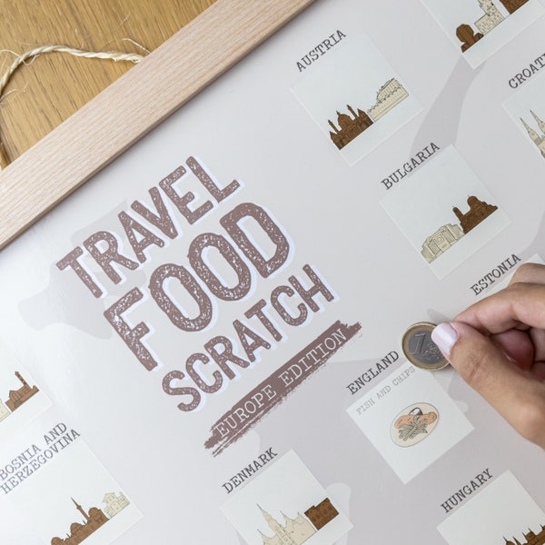 Poster personnalisé à gratter, poster de voyage gastronomique, décoration murale de voyage avec liste de produits alimentaires, cadeau de voyage personnalisé, carte à gratter, fin gourmet