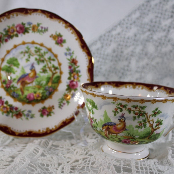 Vintage 1940 Royal Albert Bone China Teacup and Saucer Set, Chelsea Bird Pattern, Maroon, Made in England, Longton Stoke-on-Trent Potteries