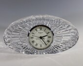 Waterford Irish Leaded Crystal Large Oval Desk Shelf Mantel Quartz Battery Clock, Signed Acid Marked, Sunburst Pattern, Roman Numerals