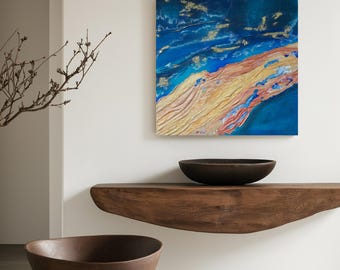 Abstract schilderij in blauw en goud op canvas | 100 x 100 cm | Origineel kunstwerk