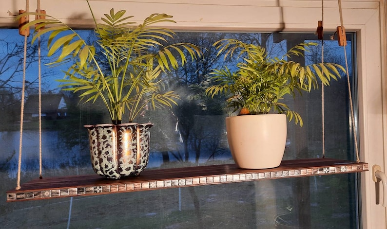 Op de afbeelding: Twee potplanten hangen aan een houten plank met een moza&iuml;ek tegelrand. De plank is aan het plafond gehangen met touw. De planten staan in potten van verschillende kleuren, een is zwart-wit en de andere is lichtroze.