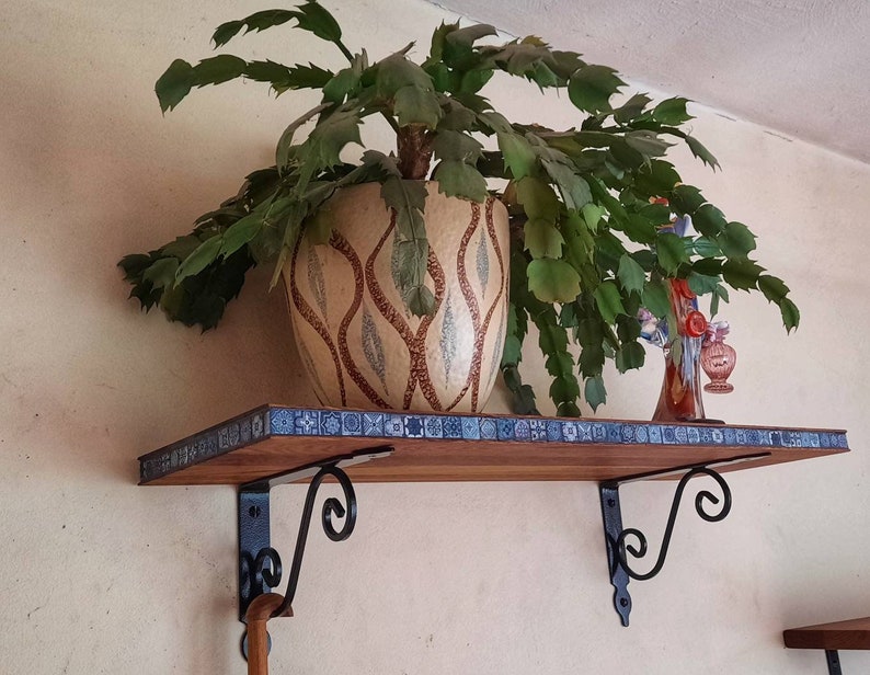 Wall shelf. Wild oak with glass mosaic Marrakech blue. In 15 or 20 cm depth. 20x70 cm