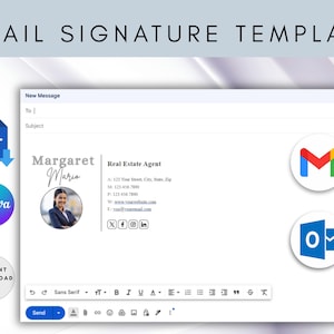 Puede incluir: Una plantilla de firma de correo electrónico digital con el texto "EMAIL SIGNATURE TEMPLATE". La plantilla incluye una foto, información de contacto e iconos de redes sociales. También hay iconos para Canva y archivos DOC.