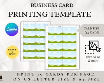 Business card Printing Template, Canva print sheet A4 & US letter size, 10 per page printing layout, front and back card cut, print ready
