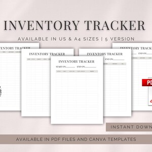 May include: A collection of white inventory tracker templates with the text "INVENTORY TRACKER" at the top. The templates are available in US and A4 sizes, and in 5 versions. The templates are available in PDF files and Canva templates.