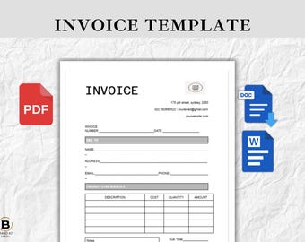 Printable PDF invoice form, A4 & US letter invoice Template, customer order, small business custom invoices, simple client word download