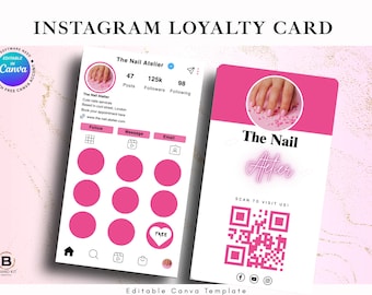 Printable Loyalty card QR code design, diy lashtech customer reward, VIP punch, nailtech custom editable, premade canva client pink template