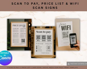 Venmo Cashapp payment sign, scan to pay canva template, custom QR-code display bundle, payment method, Small Business WiFi Scan & price list