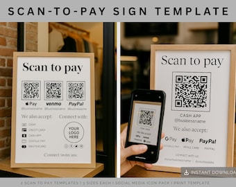 Venmo Cashapp payment sign, scan to pay canva template, custom QR-code display bundle, payment method sign, Small Business payment form