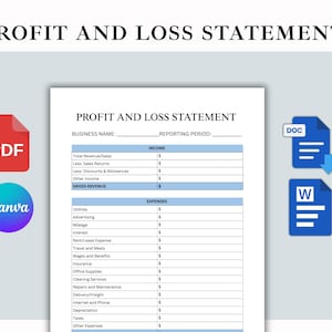 May include: A profit and loss statement template with a blue and white design. The document includes sections for income and expenses. PDF, Canva, DOC, and W file icons are also present.