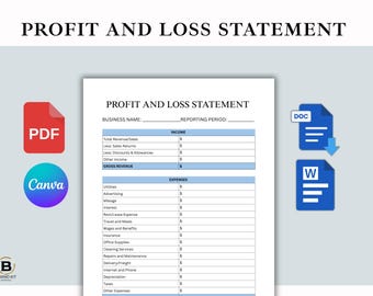 Profit and loss statement, printable profit and loss calculator, Canva template income statement for small business, editable profit tracker
