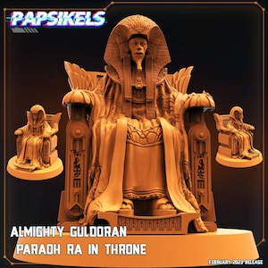 May include: A detailed, tan-colored sculpture of a pharaoh seated on a throne, with two smaller versions on either side. The text "ALMIGHTY GULDORAN PAROAH RA IN THRONE" is displayed below the sculpture, with the logo "PAPSIKELS" at the top.