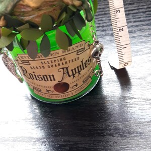 Op de afbeelding: Een groene glazen pot met een decoratief deksel en een etiket met de tekst "Poison Apples". De pot is versierd met groene bladeren en een bedel met een schedelsleutel. De pot is ongeveer 7.6 cm hoog.
