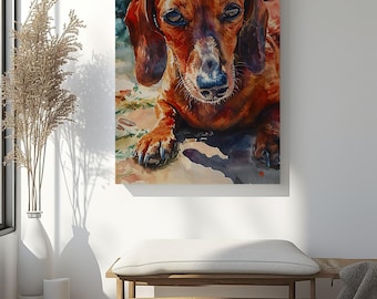 Puede incluir: Pintura a la acuarela de un perro salchicha con pelaje marrón, ojos oscuros y orejas largas. El perro está tumbado, con las patas extendidas. La obra de arte se exhibe en una pared blanca, encima de un banco de madera.