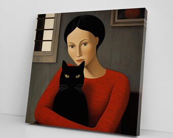 Minimalist Woman Canvas Print – Feminist Wall Art with Black Cat and Red Accent