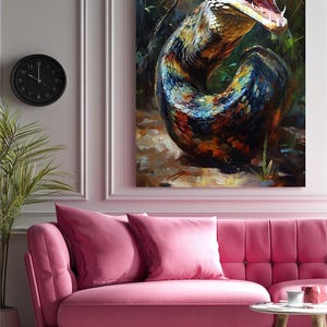 May include: A rectangular wall art print featuring a detailed oil painting of a coiled snake with its mouth open, displaying sharp fangs. The snake has iridescent scales in shades of blue, green, orange, and yellow, set against a dark forest background.