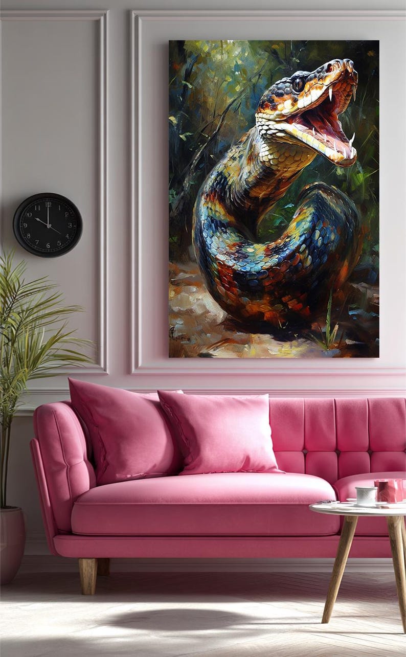 May include: A rectangular wall art print featuring a detailed oil painting of a coiled snake with its mouth open, displaying sharp fangs. The snake has iridescent scales in shades of blue, green, orange, and yellow, set against a dark forest background.