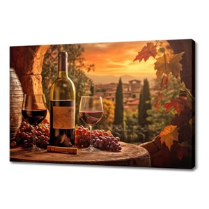 Red Wine Bottle Glasses Grapes Canvas Print | Tuscany Vineyard Italian Sunset | Wine Lover Gift Wall Hanging | Kitchen Restaurant Wall Art