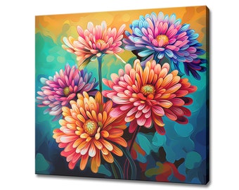 Aster Flowers Bouquet Oil Painting Style Canvas Print, Modern Floral Art Print, Botanical Art Picture Wall Hanging, Bright Floral Prints