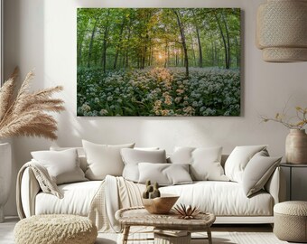 Forest at sunset with bear's garlic canvas wall art print, autumn landscape art, rustic countryside home décor, seasonal wall artwork