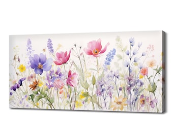 Lámina artística de flores silvestres rosas y moradas / Lienzo con estampado de flores de pradera / Adorno de pared floral botánico en acuarela / Decoración de pared con flores coloridas