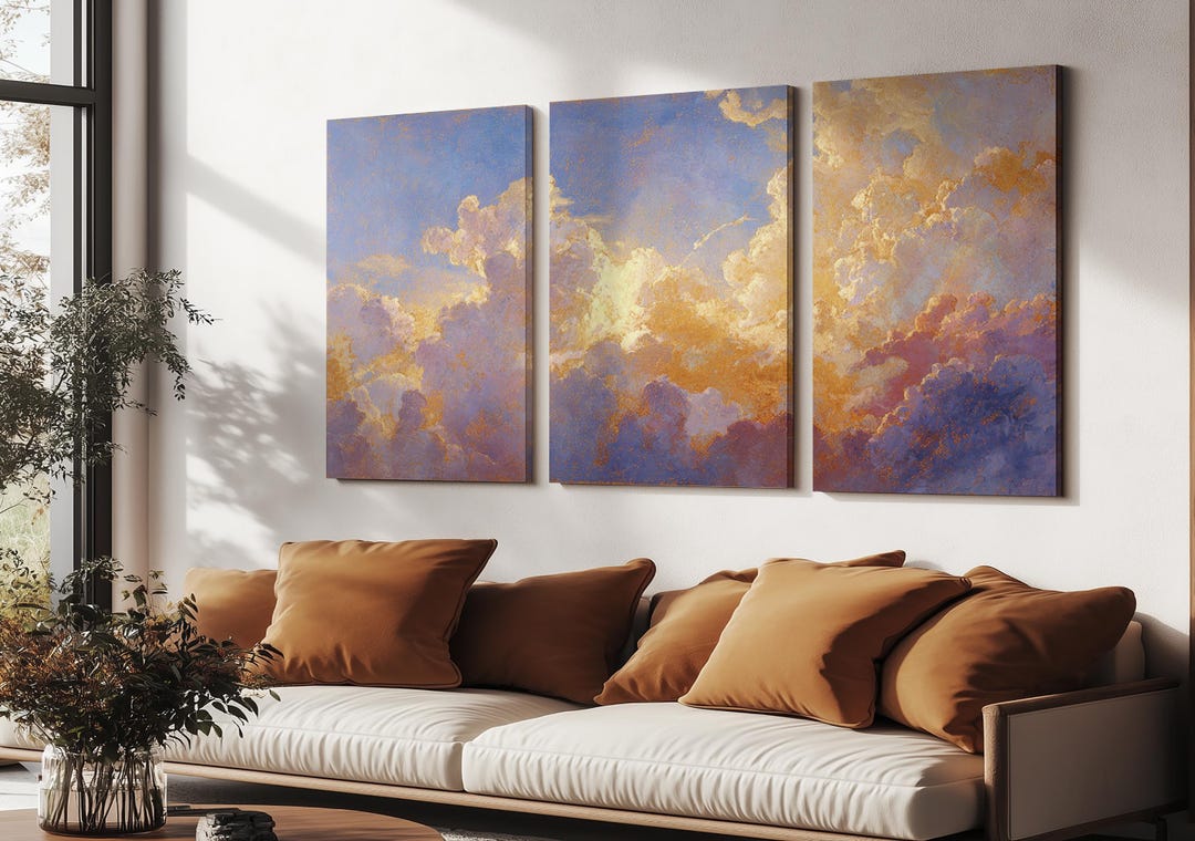 Pintura de Pôr do Sol em Tela, 3 Painéis para Parede