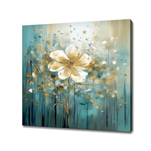 White Beige Gold Teal Blue Pastel Soft Blooming Flower Oil Painting Style Canvas Print, Modern Floral Wall Art Print, Picture Wall Hanging