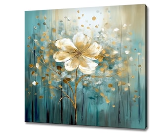 White Beige Gold Teal Blue Pastel Soft Blooming Flower Oil Painting Style Canvas Print, Modern Floral Wall Art Print, Picture Wall Hanging