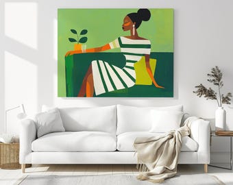 Modern Abstract Canvas Wall Art – Stylish Woman in Striped Dress – Contemporary Minimalist Painting for Chic Interiors