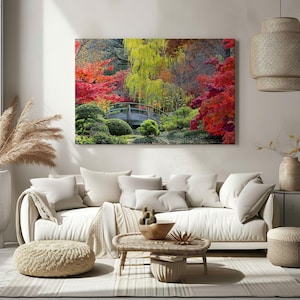 Herbstwald - Bunte Bäume - Kunstdruck auf Leinwand, rustikale Landschaftsmalerei für das Wohnzimmer