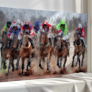 Jockeys Canvas Print Wall Art, Colorful Horse Racing Painting, Vibrant Equestrian Decor for Living Room, Office or Sports Inspired Interiors