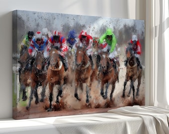 Jockeys Canvas Print Wall Art, Colorful Horse Racing Painting, Vibrant Equestrian Decor for Living Room, Office or Sports Inspired Interiors
