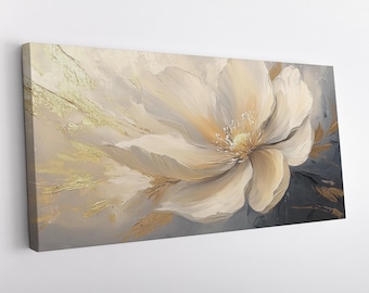 Beige and Gold Flower, Abstract Floral Canvas Print Wall Art – Elegant Flowers Painting – High Quality Gallery Wrapped Canvas, Ready to Hang