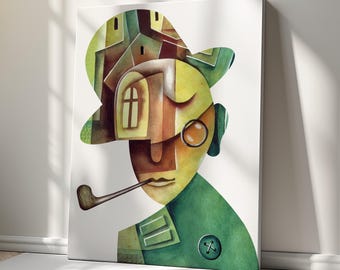 Retrato cubista de un hombre, impresión artística moderna sobre lienzo – Decoración elegante para el hogar – Obra de arte de alta calidad para colgar en la pared, ideal para cualquier estilo de interior.