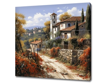 May include: A painting of a quaint village nestled in a hillside, with a white building with a bell tower, red tile roofs, and a stone wall. The path leading to the village is lined with red and orange leaves.