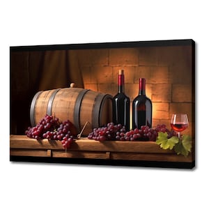 Red Wine Bottles Barrel Grapes Canvas Print | Tuscany Vineyard Italian Art | Wine Lover Gift Wall Hanging | Kitchen Restaurant Wall Art
