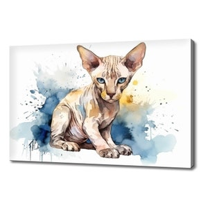 Cute Sphynx Cat Watercolour Canvas Print | Animals Canvas Picture | Cat Lovers Gift Painting Wall Hanging | Wall Art Print On Canvas