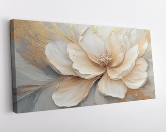 Abstract Beige Flower, Floral Canvas Print Wall Art – Elegant Flowers Painting – High Quality Gallery Wrapped Canvas – Ready to Hang