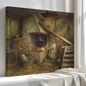 Canvas Vintage vrouw met koffiemolen: kunst van oude meesters