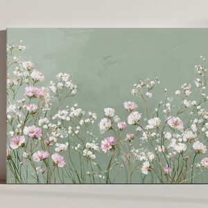 Pink White Flowers, Sage Green Canvas Print Wall Art – Modern Wall ...
