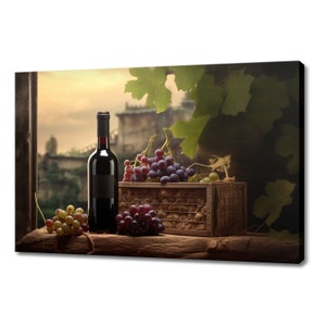 Red Wine Bottle Grapes Canvas Print | Tuscany Vineyard Italian Art | Wine Lover Gift Wall Hanging | Kitchen Restaurant Wall Art Print